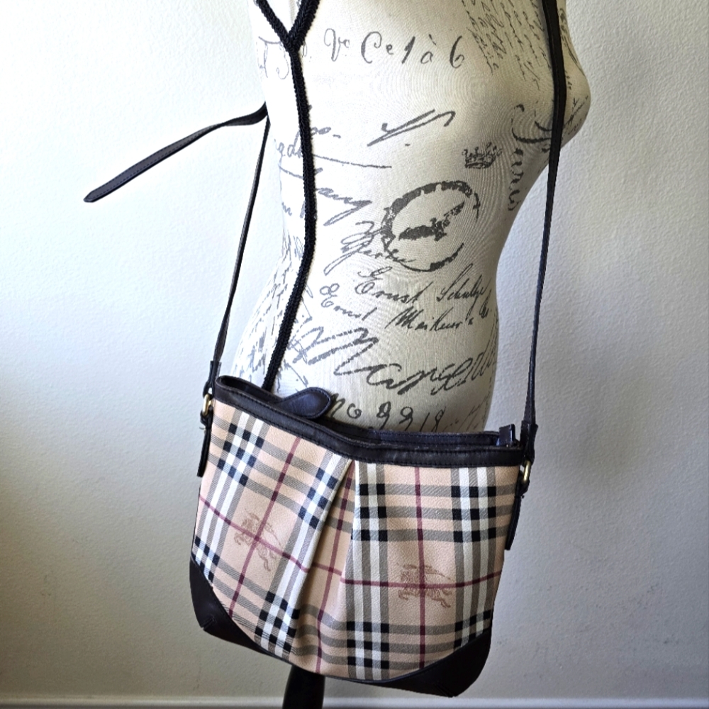 Burberry Haymarket Check Hobo Crossbody Bag Brown